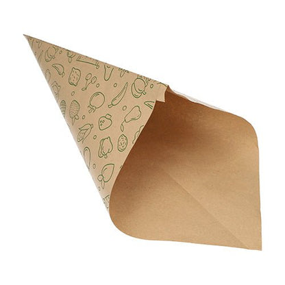 The PAPSTAR 1000 pointed bags brown kraft paper "Fruits & Vegs" from PAPSTAR GmbH are a stylish, environmentally friendly bag with green fruit and vegetable motif inside, ideal for sustainably serving snacks. Presented empty on a white background.