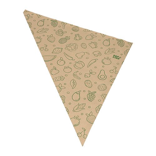 The PAPSTAR 1000 pointed bags of PAPSTAR GmbH are brown, triangular kraft paper bags with green fruit and vegetable print - perfect as environmentally friendly bags for transporting fruits and vegetables.