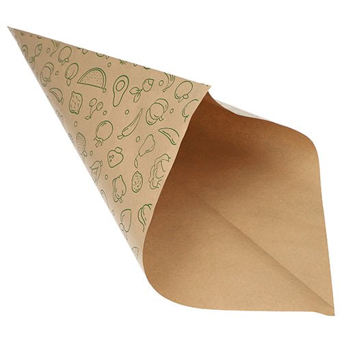 The PAPSTAR 1000 pointed bags, brown kraft paper "Fruits & Vegs" from PAPSTAR GmbH are empty, partially opened food bags with light green fruit and vegetable motifs - ideal for environmentally friendly transportation of fruits and vegetables.