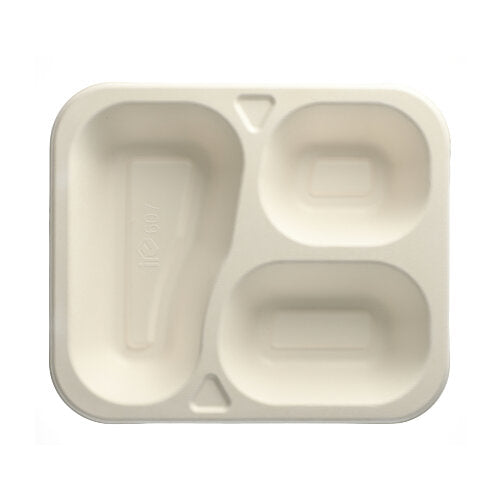 The PAPSTAR sealing trays made of sugarcane, 3-compartment, white (925 ml, 100 pieces), from PAPSTAR GmbH are biodegradable and offer sustainable packaging solutions for environmentally conscious applications.