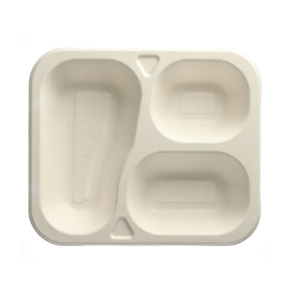 The PAPSTAR sealing trays made of sugarcane, 3-compartment, white (925 ml, 100 pieces), from PAPSTAR GmbH are biodegradable and offer sustainable packaging solutions for environmentally conscious applications.