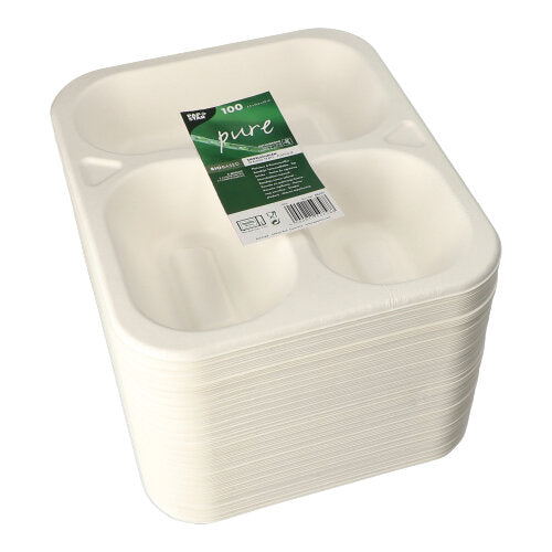100 white PAPSTAR sealing trays made of sugarcane, 3-compartment, 925 ml per tray, sustainably packaged in a green-white banderole. From PAPSTAR GmbH.