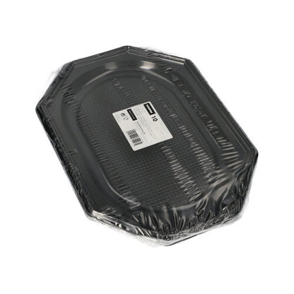 Starpak 10 Servierplatten aus schwarzem PET, vom Markenhersteller Starpak, sind in klarer Folie verpackt und tragen ein weißes Etikett mit Barcode – perfekt für Catering-Events.