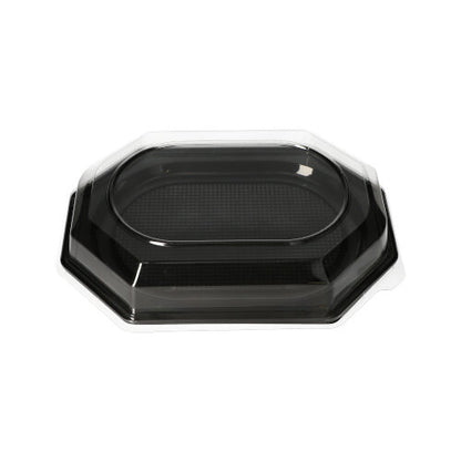 Die Starpak 10 Servierplatten, PET schwarz, sind schwarze, achteckige Kunststoffschalen mit transparentem PET-Deckel, ideal für Catering-Events. Sie werden auf einem schlichten weißen Hintergrund präsentiert. Marke: Starpak.