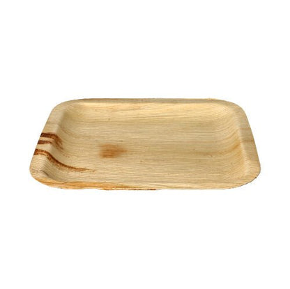 The PAPSTAR 25 plate palm leaf "pure" from PAPSTAR GmbH is a rectangular, flat plate made of natural palm leaf with visible grain and a slightly raised edge. Ideal as eco-friendly tableware for special occasions. The background is plain white.