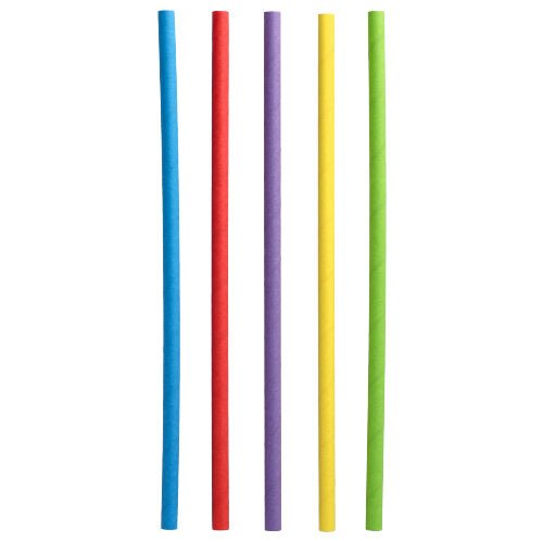Fünf PAPSTAR 500 Shake-Halme Papier Ø 8 mm · 25 cm der PAPSTAR GmbH in den Farben Blau, Rot, Lila, Gelb und Grün stehen senkrecht nebeneinander von links nach rechts auf weißem Untergrund.