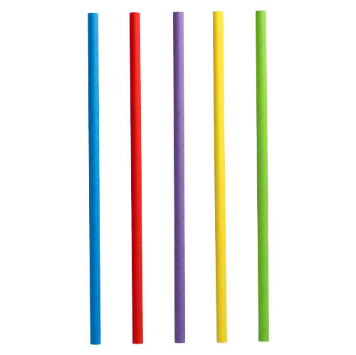 Five PAPSTAR 100 shake straws made of paper (Ø 8 mm) from PAPSTAR GmbH in blue, red, purple, yellow, and green stand upright next to each other against a white background.