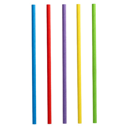 Five PAPSTAR 100 shake straws made of paper (Ø 8 mm) from PAPSTAR GmbH in blue, red, purple, yellow, and green stand upright next to each other against a white background.