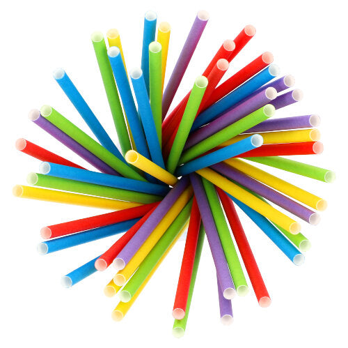 A top view of PAPSTAR 100 shake straws made of paper (Ø 8 mm) from PAPSTAR GmbH, colorfully arranged in a circle - each straw shows a different bright color like blue, green, yellow, red, and purple.
