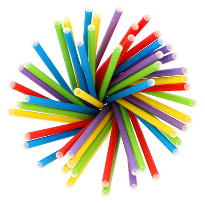 A top view of PAPSTAR 100 shake straws made of paper (Ø 8 mm) from PAPSTAR GmbH, colorfully arranged in a circle - each straw shows a different bright color like blue, green, yellow, red, and purple.
