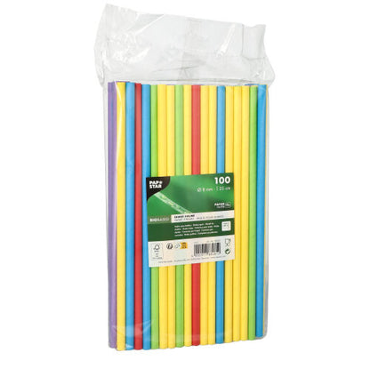 The PAPSTAR 100 shake straws from PAPSTAR GmbH are colorful paper straws (Ø 8 mm) in the clear packaging, which are provided with recycling instructions and promote sustainable straws for environmentally conscious use.