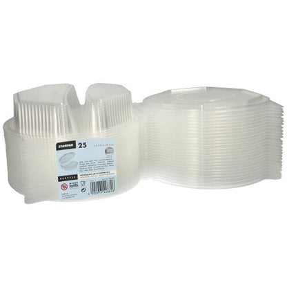 Gezeigt wird ein Stapel von 25 Starpak Menüboxen mit Klappdeckeln, aus transparentem PP (8-eckig, 5,9 x 21,5 x 21,5 cm). Das Etikett enthält Markeninfos und Nutzungshinweise – ideal für die Lebensmittelaufbewahrung oder zum Servieren.