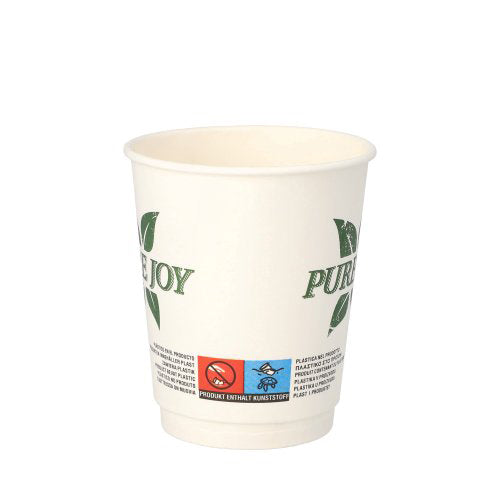Der PAPSTAR doppelwandig Trinkbecher (8 cm, weiß, "Pure Joy") der PAPSTAR GmbH hat ein grünes Blattdesign, Öko-Symbole im Bodenbereich und bietet eine umweltfreundliche Auswahl im 20er-Pack.