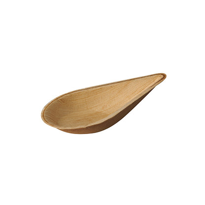 A PAPSTAR finger food spoon made of palm leaf, 12 cm, "Asia" design (25 pieces), biodegradable and environmentally friendly, lies with smooth edges on a plain white background.