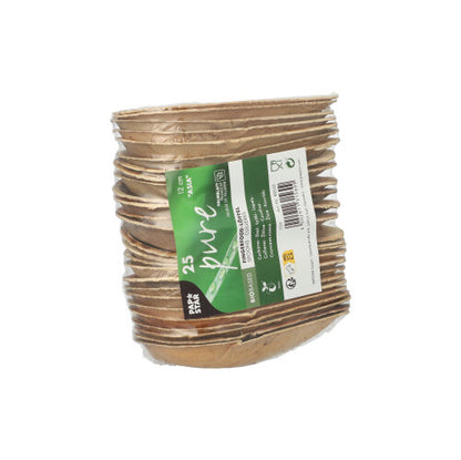 A stack of 25 PAPSTAR finger food spoons made of palm leaf, 12 cm "Asia" design, in shrink wrap with a green-white label indicating the size, quantity, eco-friendly symbols, and the note that they are biodegradable. Brand: PAPSTAR GmbH.