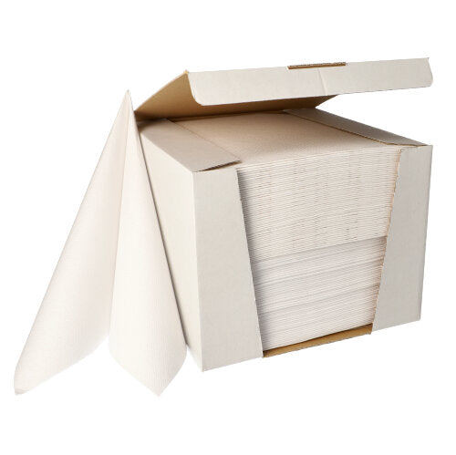 In an open box, there is a stack of PAPSTAR 100 napkins "ROYAL Collection" 1/4 fold 40 cm x 40 cm of PAPSTAR GmbH, with some napkins partially pulled out.