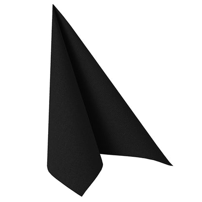 A single black PAPSTAR 100 napkins "ROYAL Collection" (1/4 fold, 40x40 cm) from PAPSTAR GmbH is vertically folded and stands upright on a plain white background, emphasizing its high-quality material for luxurious napkins.