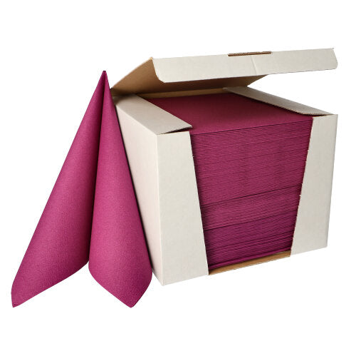 A white box from PAPSTAR GmbH contains a stack of 100 napkins from the "ROYAL Collection", 1/4-fold, 40x40 cm, in dark pink, with one napkin partially unfolded next to the box.