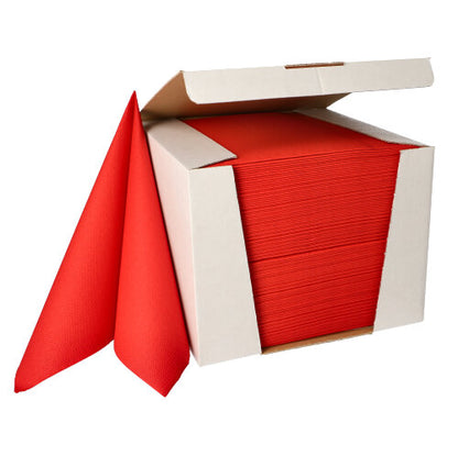 In an opened white box, there are neatly stacked, textured red PAPSTAR 100 napkins "ROYAL Collection" 1/4-fold 40x40 cm of PAPSTAR GmbH displayed, partially pulled out at the front.