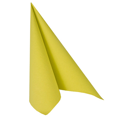A yellow PAPSTAR 100 napkins "ROYAL Collection" 1/4-fold (40x40 cm) napkin of PAPSTAR GmbH is upright folded into a triangle shape and stands on a white background.