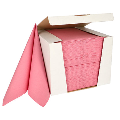 A white box from PAPSTAR GmbH from the ROYAL Collection, 40x40cm, 100 pink napkins 1/4-fold, top flap open with two partially pulled-out napkins.
