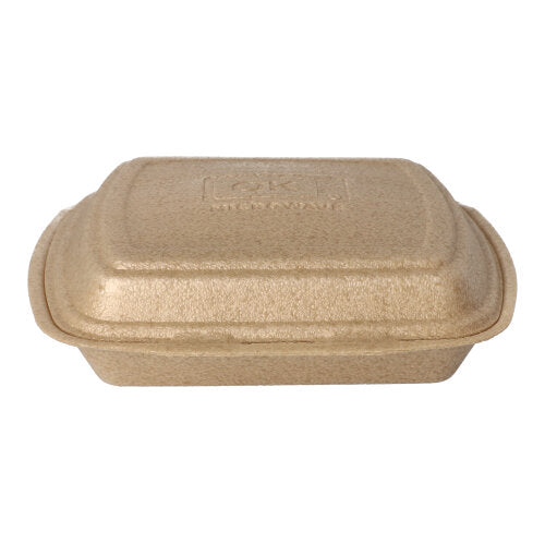 A Starpak 50 Menüboxen mit Klappdeckel XPP, beige (7 x 20,5 x 24 cm), geschlossene rechteckige Takeout-Box aus geformter Faser für sicheren Speisentransport, vor weißem Hintergrund abgebildet.