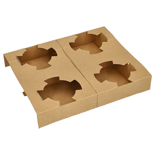 The PAPSTAR carrying tray "pure" brown is a flat, unassembled carrying tray for 4 soup cups (3.6x19.8x24.1 cm), environmentally friendly and delivered in packs of 25 by PAPSTAR GmbH; here laid out on a white background.