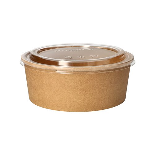 The 50 salad bowls from the PAPSTAR GmbH are round, brown food containers made of paper with a PLA coating and a transparent lid, shown empty against a white background.