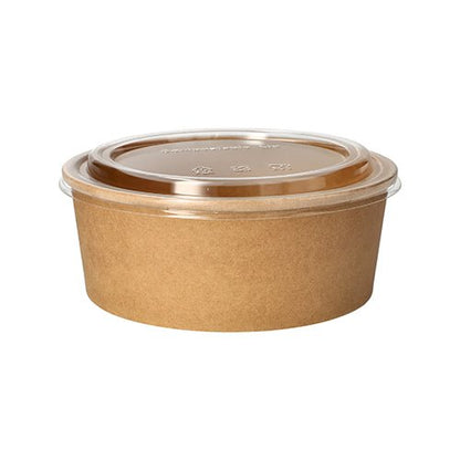 The 50 salad bowls from the PAPSTAR GmbH are round, brown food containers made of paper with a PLA coating and a transparent lid, shown empty against a white background.