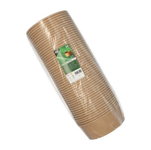 A stack of 50 brown, round salad bowls wrapped in clear plastic wrap (PAPSTAR GmbH) made of cardboard with a PLA coating bears a green-and-white label with the inscription “PAPSTAR "50 salad bowls, cardboard with a PLA coating."