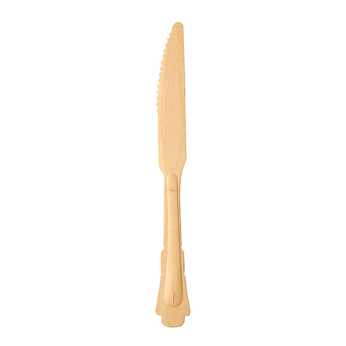 Ein PAPSTAR Holzmesser "pure" 20,5 cm der PAPSTAR GmbH steht aufrecht vor weißem Hintergrund und zeigt seinen Wellenschliff, den flachen Griff und das dezente Vintage-Design; hier eines von sechs Messern aus dem Set.