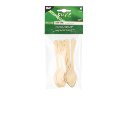 In a transparent plastic bag, there are six PAPSTAR coffee spoons wood "pure" 12 cm in vintage design from PAPSTAR GmbH, with a green label - bio-based and ideal for eco-friendly coffee moments.