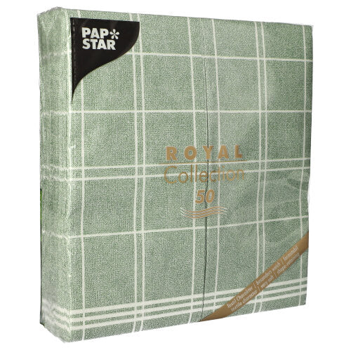 A pack of 50 PAPSTAR napkins "Kitchen Craft" (48 x 33 cm, 1/6-fold) by PAPSTAR GmbH from the "ROYAL Collection" with a green checkered pattern – ideal for a stylish table decoration. The packaging is adorned with gold-white text.