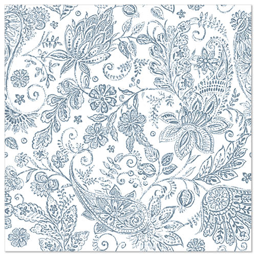Weißer quadratischer Hintergrund mit einem dichten, filigranen blauen Blumen-Paisleymuster - ideal für PAPSTAR 50 Servietten "ROYAL Collection" 1/4-Falz 40 x 40 cm blau von PAPSTAR GmbH.