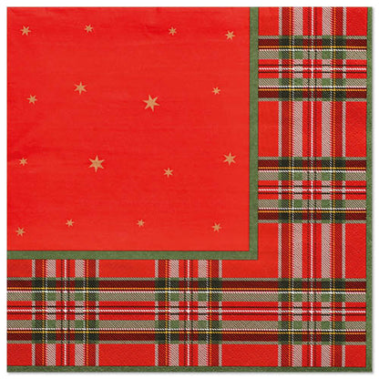 PAPSTAR 20 Servietten, 40x40 cm, 3-lagig, von PAPSTAR GmbH: Rote Papier-Servietten mit goldenen Sternen auf der einen und klassischem rot-grün-weißem Karomuster auf der anderen Seite – ideal für festliche Anlässe.