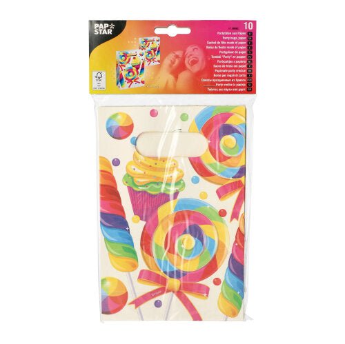 Die 10 Partytüten aus Papier von PAPSTAR GmbH haben farbenfrohe Bonbon- und Lutscherdesigns in leuchtenden Regenbogenfarben, sind ideal für Feiern und werden in einer durchsichtigen Kunststoffverpackung mit rotem Kopf geliefert.