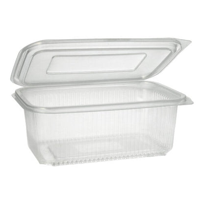 Der Starpak 50 Verpackungsbecher mit Klappdeckeln ist ein durchsichtiger, rechteckiger PP-Behälter mit gerippter Struktur und Scharnierdeckel, ideal für die sichere Aufbewahrung von Lebensmitteln.