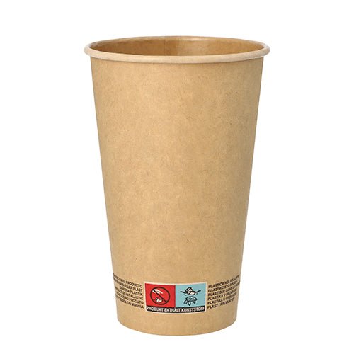 Ein brauner PAPSTAR 50 Trinkbecher, Pappe 0,4 l, von der PAPSTAR GmbH, mit einem kleinen Etikett mit Warnsymbolen und Text am unteren Rand, abgebildet auf weißem Hintergrund.