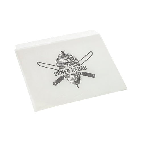 The PAPSTAR Doner Kebab Bags, 16x16 cm (white, shrink wrap, 1,000 pieces) from the PAPSTAR GmbH offers a doner skewer with crossed knives and "DÖNER KEBAB"—the ideal packaging solution for snack bars.