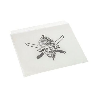 The PAPSTAR Doner Kebab Bags, 16x16 cm (white, shrink wrap, 1,000 pieces) from the PAPSTAR GmbH offers a doner skewer with crossed knives and "DÖNER KEBAB"—the ideal packaging solution for snack bars.