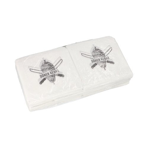 PAPSTAR Doner Kebab Bags, 16x16 cm, white, in a shrink-wrap pack (1,000 pieces)—ideal for snack bars; convenient packaging featuring a doner skewer and a "Doner Kebab" design by PAPSTAR GmbH.