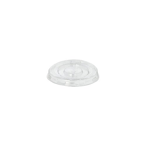 Der Starpak 125 Deckel für Dressingbecher, PET rund Ø 5,9 cm · 0,7 cm klar, ist ein klarer runder Deckel mit erhöhtem Rand und kreisförmigem Bereich in der Mitte für Einweg-Getränkebecher; abgebildet auf weißem Hintergrund (125 Stück).