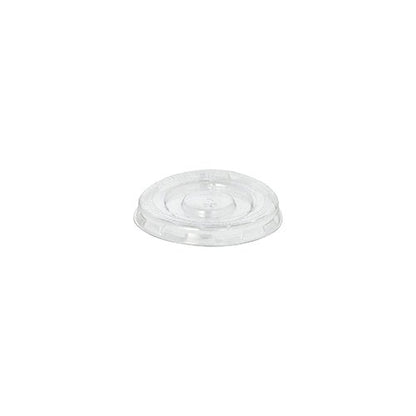 Der Starpak 125 Deckel für Dressingbecher, PET rund Ø 5,9 cm · 0,7 cm klar, ist ein klarer runder Deckel mit erhöhtem Rand und kreisförmigem Bereich in der Mitte für Einweg-Getränkebecher; abgebildet auf weißem Hintergrund (125 Stück).