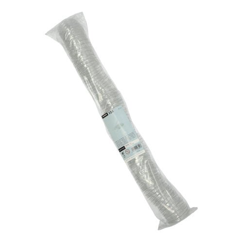 Eine in Kunststoff verpackte Packung mit 125 durchsichtigen Starpak-PET-Deckeln für Dressingbecher, rund, Ø 5,9 cm × 0,7 cm, dicht gestapelt in einer zylindrischen Form mit einem Produktetikett auf der Verpackung.