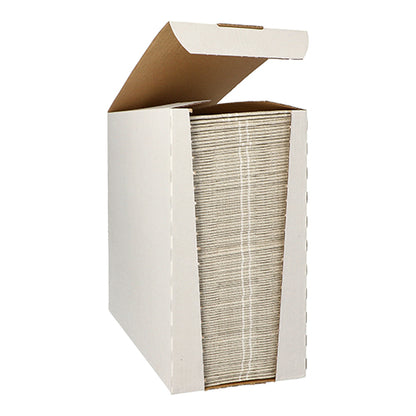 A stack of PAPSTAR 100 napkins "ROYAL Collection" 1/6-fold 48 cm x 33 cm from PAPSTAR GmbH in beige is neatly packed in an open white cardboard dispenser box with a flipped-up flap.