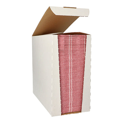 In a white cardboard dispenser box with an open lid lies a neatly stacked set of 100 napkins "ROYAL Collection" 1/6-fold (48 cm x 33 cm) from PAPSTAR GmbH ready for dispensing.