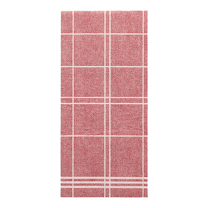 A red rectangular napkin from PAPSTAR GmbH from the ROYAL Collection (48 cm x 33 cm, 1/6-fold) features a white grid pattern with even lines and a slightly rough texture.