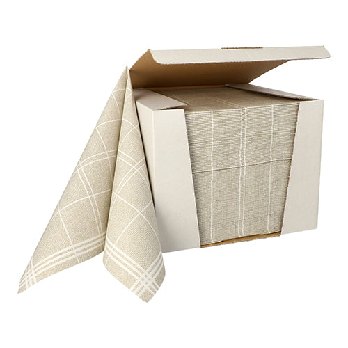 In an open box, there are neatly stacked 100 PAPSTAR napkins "ROYAL Collection" 1/4 fold 40 cm x 40 cm in a beige-white checkered pattern of PAPSTAR GmbH, with a high-quality napkin partially pulled out.