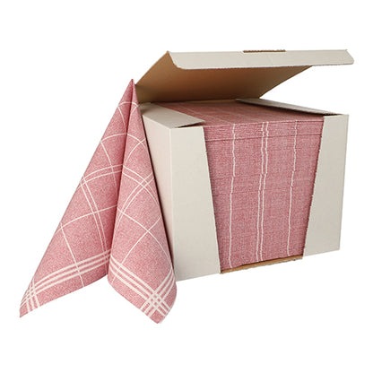 A cardboard dispenser box with a stack of PAPSTAR 100 napkins "ROYAL Collection" 1/4-fold (40 x 40 cm) from PAPSTAR GmbH, red-white checkered, partially pulled out on a plain white background.