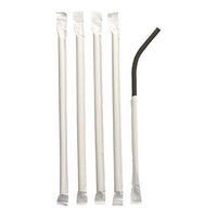 Five individually wrapped PAPSTAR 100 paper drinking straws (Ø 6 mm, 20 cm, flexible) from the PAPSTAR The GmbH logos are on a white background—four are straight, and one is curved at the top.